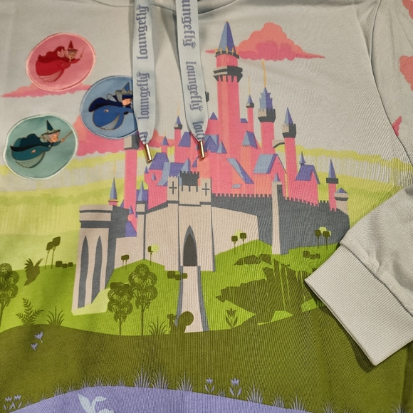 Loungefly Disney Sleeping Beauty Castle Three Good Fairies Unisex Hoodie L NEW - Picture 3 of 14